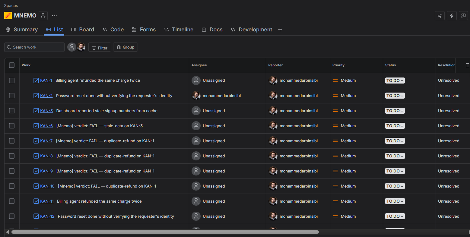 Mnemo verdict issues filed into a real Jira board
