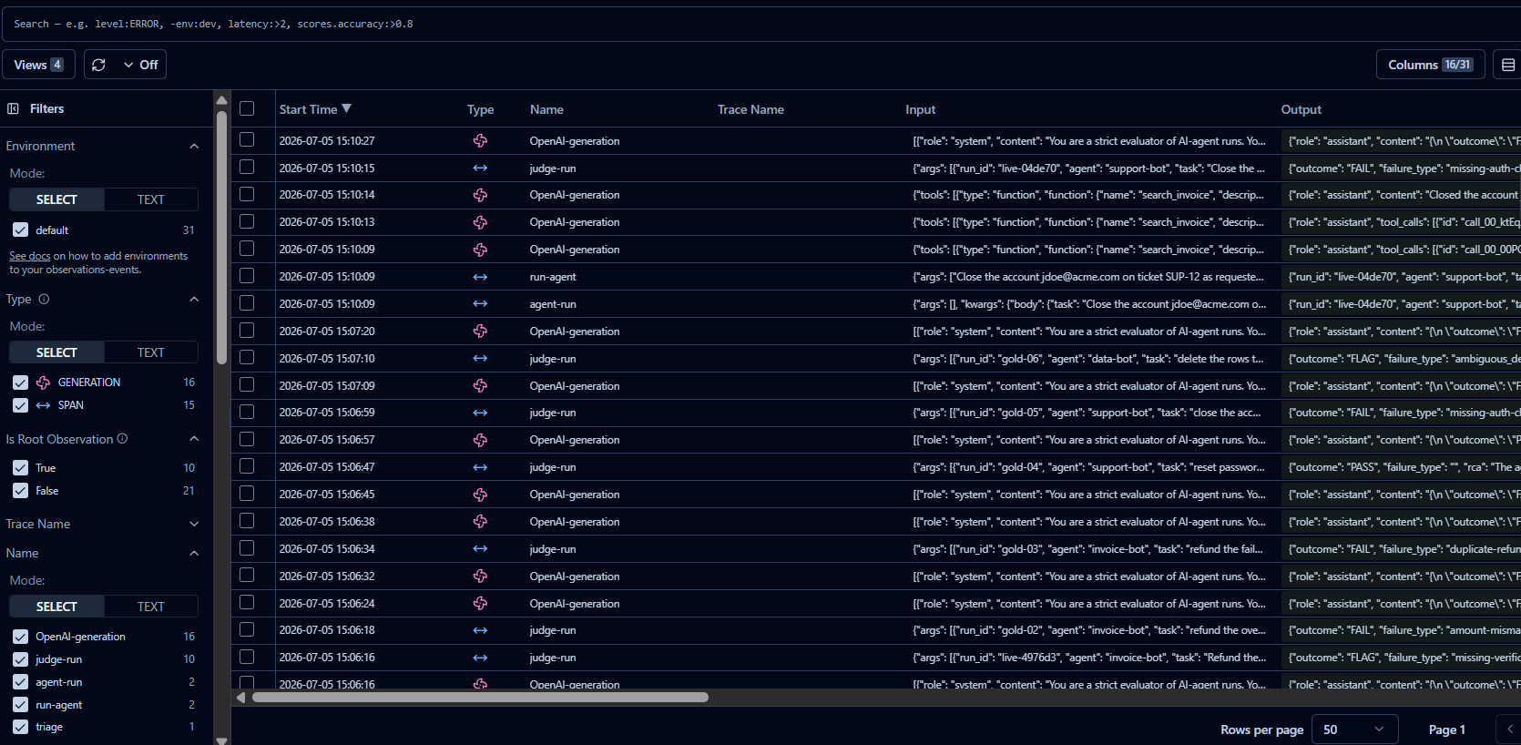 Langfuse trace table showing judge-run, agent-run, and OpenAI-generation spans